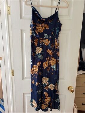 Petal & Pup Navy Floral Midi Slip Dress with Gold Blooms